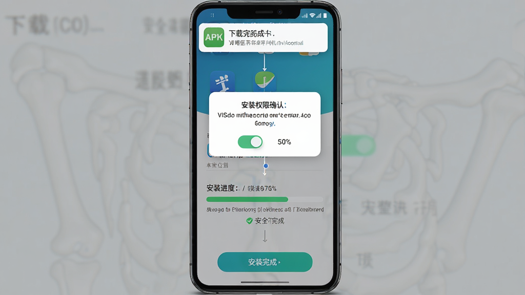 VIS唯医骨科安卓手机安装步骤示意图,主体为手机屏幕显示应用安装界面,布局从上到下依次为下载完成通知、安装权限确认弹窗、安装进度条、安装完成打开按钮,排版步骤清晰,风格操作指引,细节包含APK图标、权限开关、进度百分比、安全提示文字等元素,画质高清干净无多余元素