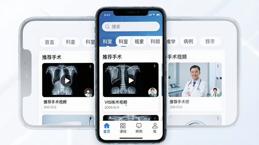 VIS唯医骨科软件主界面展示图,主体为一部智能手机屏幕显示医学影像学习APP首页,布局上方为搜索栏和科室分类标签,中部为推荐手术视频卡片列表,下方为导航栏包含首页课程病例我的等图标,排版整齐有序,风格专业医疗科技感,细节包含骨科X光片缩略图、播放按钮、医生头像等元素,画质高清干净无多余元素