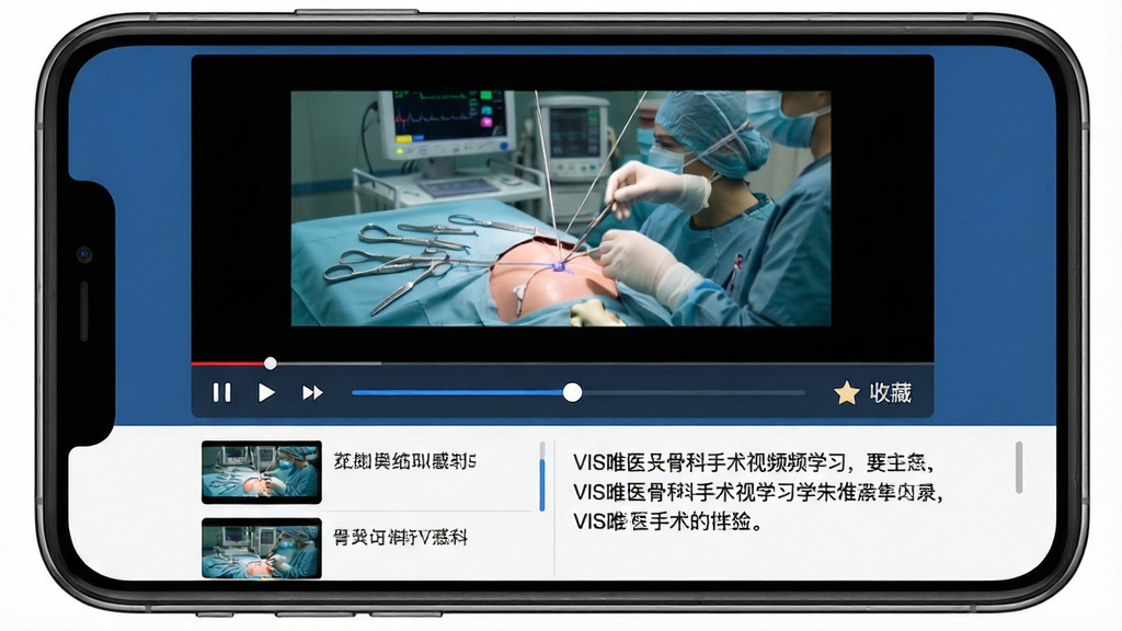 VIS唯医骨科手术视频学习界面,主体为手机屏幕显示正在播放的骨科手术视频画面,布局上方为视频播放窗口下方为视频列表和文字解说区域,排版清晰层次分明,风格专业医学教育,细节包含手术器械、骨骼模型、播放控制条、进度条、收藏按钮等元素,画质高清干净无多余元素