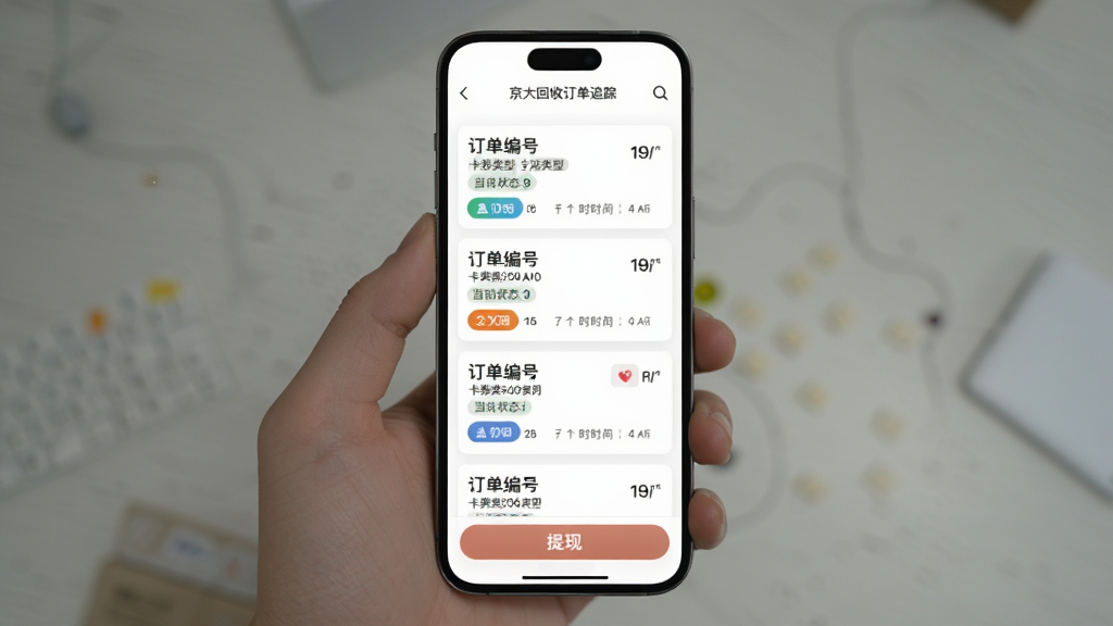 京大大回收订单追踪页面,手机界面中纵向排列订单卡片,每张卡片显示订单编号、卡券类型、当前状态标签与时间节点,状态标签使用不同颜色区分,页面底部有提现按钮,背景为白色,字体清晰,布局规整