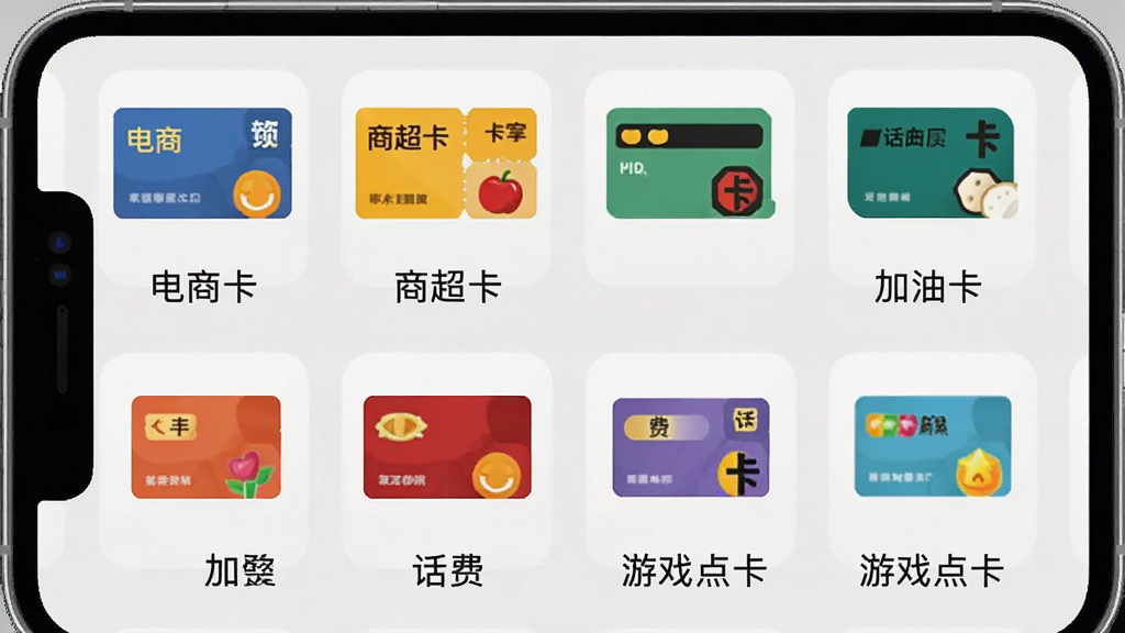 京大大回收卡券分类展示页面,手机界面中整齐排列多种卡券图标,包括电商卡、商超卡、加油卡、话费卡、游戏点卡,每个图标下方标注卡券名称,背景为浅灰色,图标色彩鲜明,布局采用网格排列方式,整体风格简洁明快,画质清晰干净