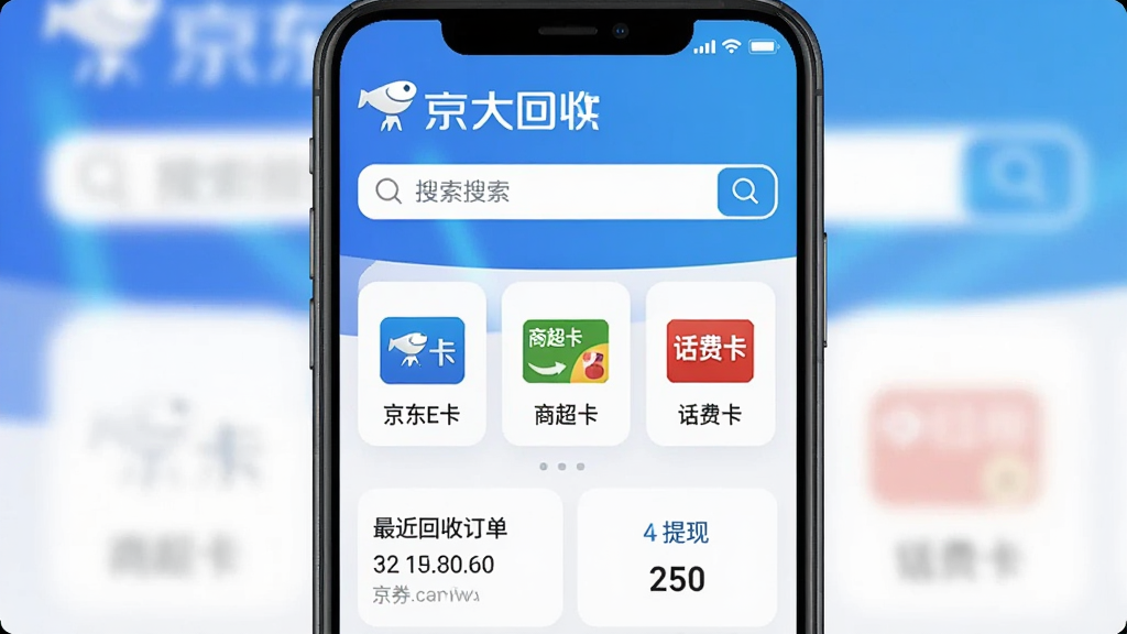 京大大回收软件主界面截图,手机屏幕居中展示,上方为品牌标识与搜索框,中部排列京东E卡、商超卡、话费卡等卡券类别图标,下方显示最近回收订单与提现入口,界面采用蓝白渐变配色,扁平化设计风格,图标线条简洁,文字清晰可辨,画质干净无多余元素