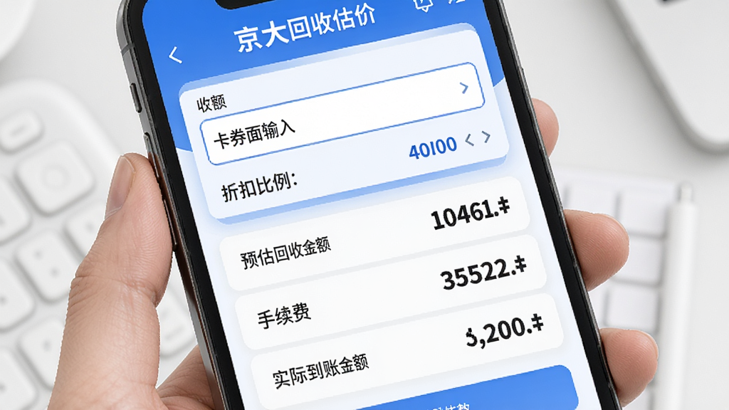 京大大回收智能估价界面,手机屏幕中显示卡券面额输入框与折扣比例,下方以列表形式展示预估回收金额、手续费、实际到账金额,数字采用加粗字体突出显示,配色为蓝白主调,版面干净整洁,无多余装饰元素