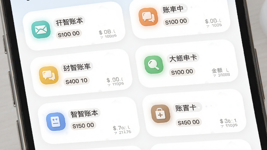 小智记账多账本管理界面图,画面展示手机屏幕中并列排列多个账本卡片,卡片上有不同图标和名称,布局为纵向列表,风格柔和圆角,细节包括账本名称和余额数字,画质清晰,干净,无多余元素
