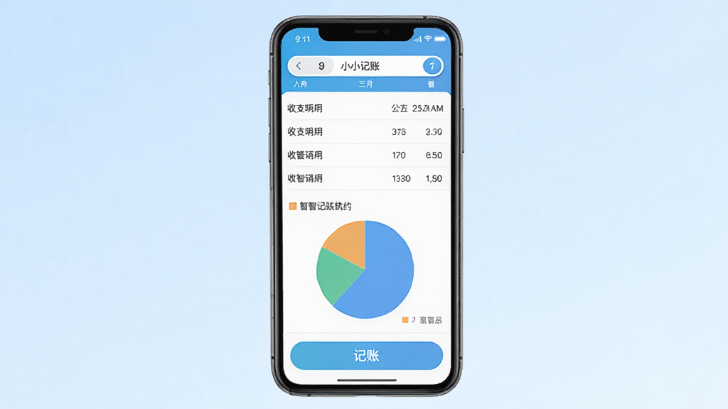小智记账软件主界面截图,画面中央展示一部智能手机,手机屏幕内显示小智记账的收支明细列表与饼状图统计,背景为淡蓝色渐变,布局简洁,风格清新现代,细节包括顶部月份切换栏、底部记账按钮,画质清晰,干净,无多余元素