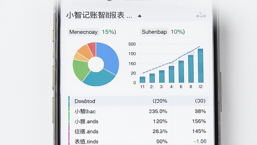 小智记账智能报表页面展示图,画面中央为手机屏幕,屏幕内显示彩色饼状图与柱状趋势图,下方有分类占比列表,布局清晰,风格商务简约,细节包括月份标签和数据百分比,画质清晰,干净,无多余元素