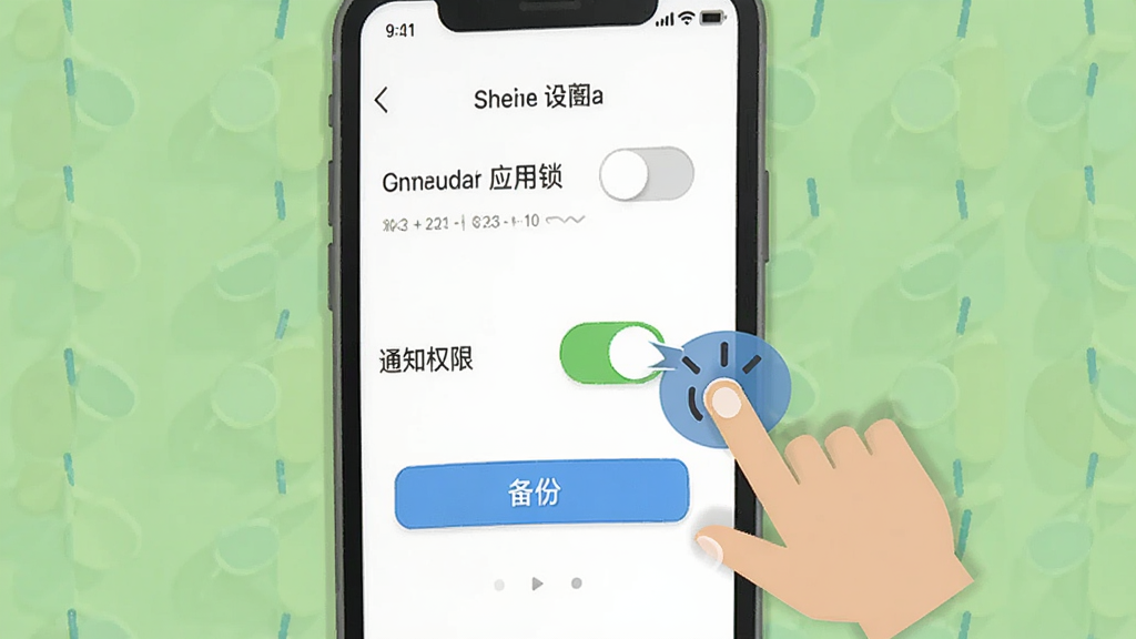 小智记账使用指南示意图,画面为一部手机展示设置页面与应用锁开关,旁边有手指点击的动画效果,布局简洁,风格扁平化,细节包括通知权限开关和备份按钮,画质清晰,干净,无多余元素