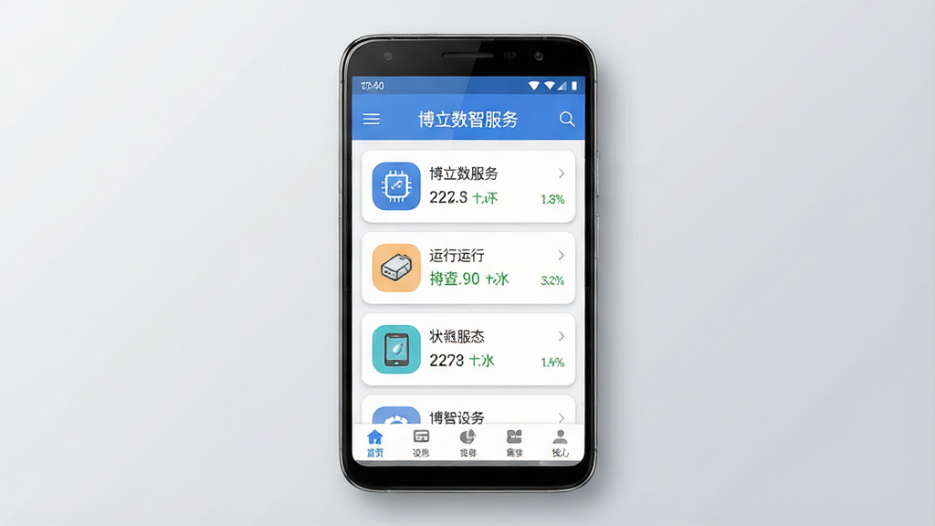 一幅展示“博立数智服务”手机应用主界面的场景图。画面中央放置一部安卓手机,手机屏幕显示应用首页,布局为顶部状态栏、中部设备卡片列表、底部导航栏,卡片上带有设备图标和运行状态文字。背景为浅灰色渐变,风格简洁现代,细节包括手机边框高光、界面阴影、图标圆角处理,画质清晰干净,无多余元素,屏幕上可见文字“博立数智服务”。