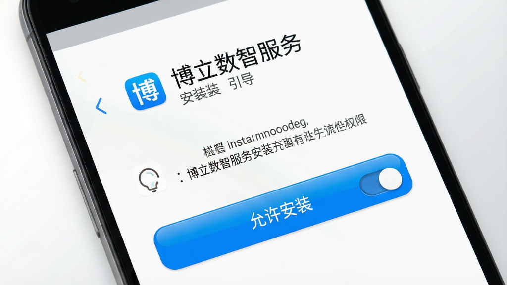 一幅展示“博立数智服务”安装引导页面的场景图。画面为一部安卓手机特写,屏幕显示应用安装权限设置界面,带有开关按钮和提示文字。背景为简洁的白色到浅灰渐变,风格干净直观,细节包括按钮高光、文字清晰、图标简洁,画质清晰,无多余元素,界面中可见文字“博立数智服务”和“允许安装”。