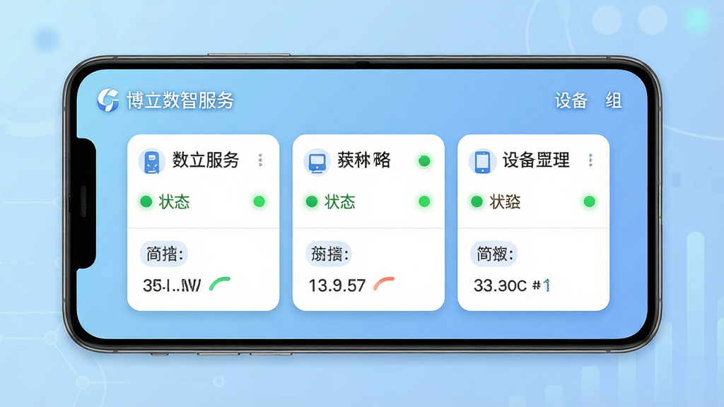 一幅展示“博立数智服务”多设备管理界面的场景图。画面主体为一部横向放置的安卓手机,屏幕内显示三个设备分组卡片,每个卡片上有设备名称、状态指示灯和简要数据。背景为淡蓝色科技感渐变,风格清爽简洁,细节包括卡片圆角、图标线条、文字清晰,画质干净,无多余元素,界面中可见文字“博立数智服务”和“设备分组”。