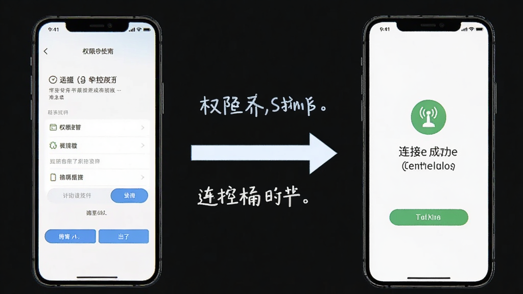 远控世界新手使用指南示意图,画面中一部手机显示权限设置页面,另一部手机显示连接成功画面,中间有箭头和文字说明,风格简洁明了,排版清晰,高清画质,无多余元素