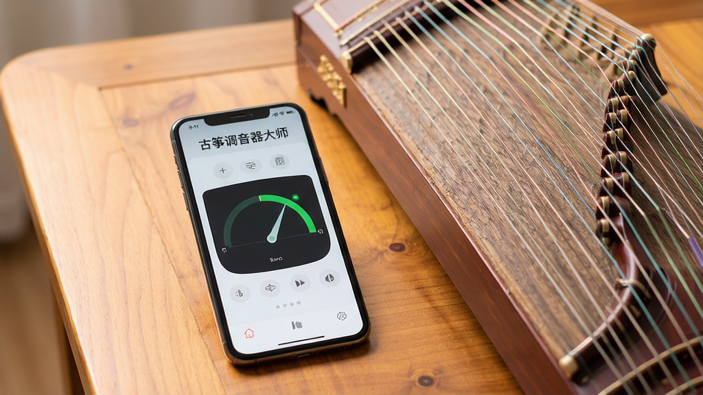 画面中央是一部智能手机,屏幕上显示着古筝调音器大师的调音界面,界面中有一根指针指向绿色区域,屏幕上方标注着“古筝调音器大师”字样。手机旁边摆放着一台二十一弦古筝,琴弦清晰可见,背景是暖色调的木质桌面。整体风格简洁明亮,采用写实摄影风格,细节丰富,画质清晰干净,无多余元素。