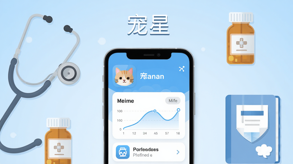 一部智能手机屏幕展示着宠物健康档案界面,屏幕上有猫咪头像、体重曲线图、疫苗提醒图标,手机周围环绕着听诊器、宠物药瓶、疫苗本等元素,背景是干净的浅蓝色渐变,扁平化设计风格,画面中心上方有