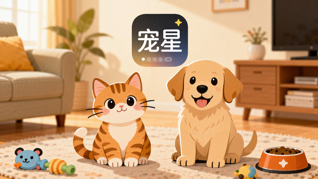 一只可爱的橘猫和一只小金毛犬并排坐在明亮的客厅地板上,周围散落着宠物玩具和食盆,画面中央上方悬浮着