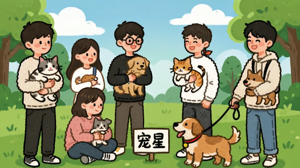 一群年轻人带着各自的宠物在公园草地上聚会,有人抱着猫咪,有人牵着狗狗,大家面带笑容互动聊天,画面中有一块写着