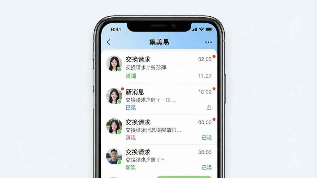 集美易物消息提醒功能展示图。主体:手机屏幕显示集美易物APP的消息列表界面,有多个交换请求通知和聊天记录。布局:手机正面展示,屏幕亮度适中。排版:消息按时间倒序排列,未读消息有红点标记。风格:简洁明快的社交应用风格。细节:屏幕中文字显示“交换请求”“新消息”“已读”等字样,头像和物品缩略图清晰可见。画质:高清,干净,无多余元素。