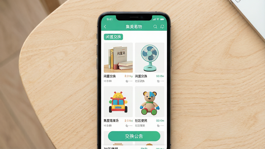 集美易物应用界面展示图。主体:一部智能手机,屏幕显示集美易物APP首页,页面中有闲置物品列表、交换按钮和社区公告。布局:手机居中放置,背景为浅色木质桌面。排版:手机屏幕内容清晰可见,物品图片排列整齐。风格:清新简约的扁平化设计风格。细节:屏幕中文字显示“集美易物”“闲置交换”“社区便民”等字样,物品图片包括书籍、风扇、玩具。画质:高清,干净,无多余元素。