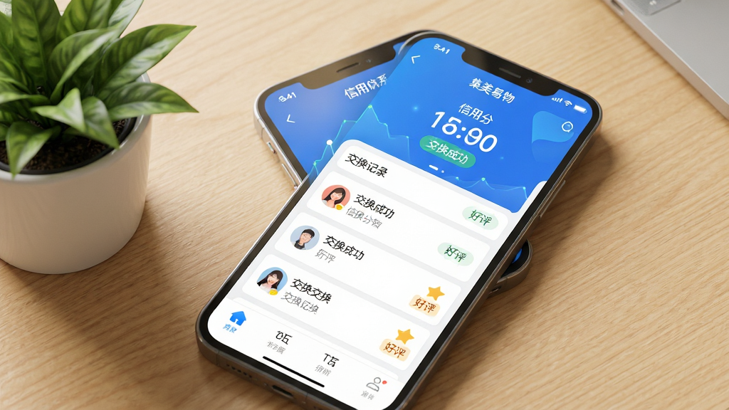集美易物信用体系功能展示图。主体:手机屏幕显示集美易物APP的个人信用页面,包含信用分数、交换记录和评价标签。布局:手机斜放于桌面,旁边有绿植点缀。排版:信用分数醒目显示在页面顶部,下方是历史交换记录列表。风格:现代科技感与温馨社区感结合。细节:屏幕中文字显示“信用分”“交换成功”“好评”等字样,界面配色以蓝色和白色为主。画质:高清,干净,无多余元素。