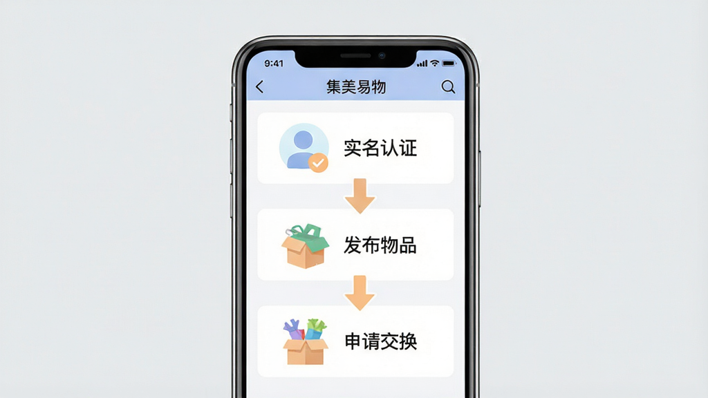集美易物新手操作引导图。主体:手机屏幕显示集美易物APP的新手引导页面,有步骤提示和箭头指示。布局:手机居中,背景为浅灰色。排版:引导步骤从上到下排列,每一步配有图标和简短文字。风格:扁平化插画风格,色彩柔和。细节:屏幕中文字显示“实名认证”“发布物品”“申请交换”等字样,箭头指向明确。画质:高清,干净,无多余元素。