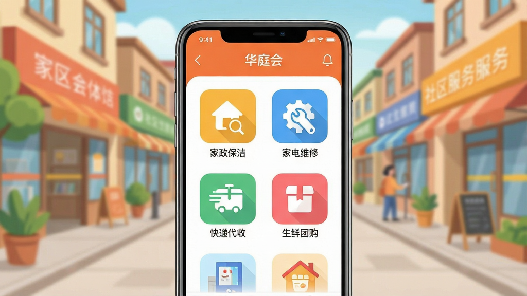 一张展示社区生活服务聚合页面的手机界面图,屏幕上显示“华庭会”应用的生活服务板块,包含家政保洁、家电维修、快递代收、生鲜团购等彩色功能图标,图标下方有简短文字标签。背景为虚化的社区商业街景,风格为现代明快的扁平化设计,色调温暖活泼,细节清晰,画质干净,无多余元素,突出服务品类丰富与操作便捷
