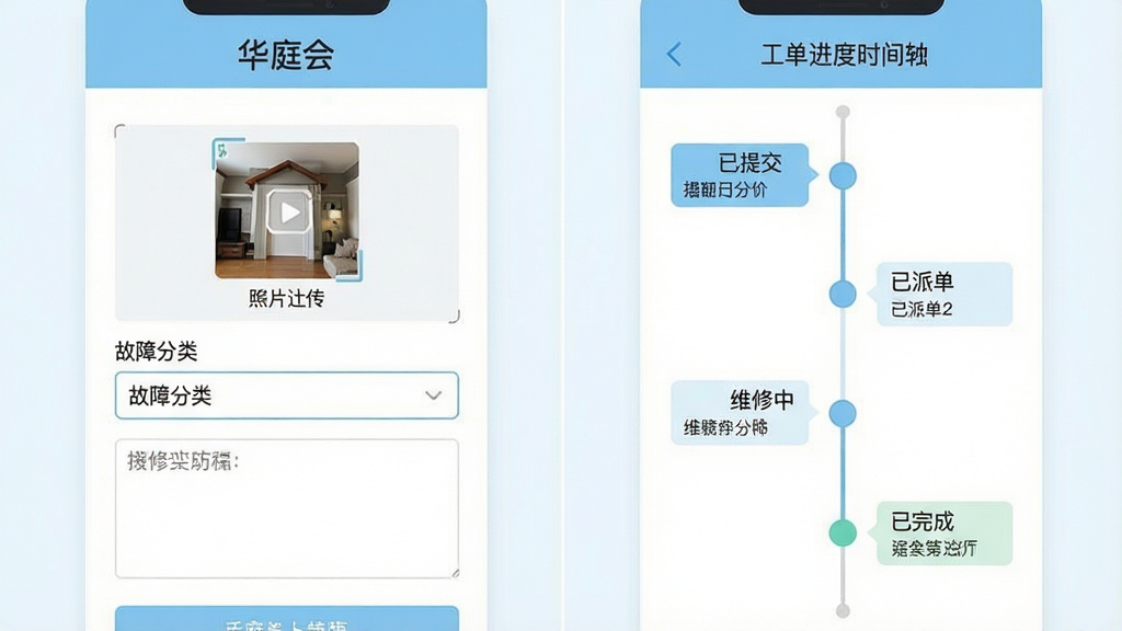 一幅展示手机应用报修流程的界面组合图,画面左侧为“华庭会”报修表单填写界面,包含照片上传框、故障分类下拉菜单与文字输入区;右侧为工单进度追踪时间轴,显示已提交、已派单、维修中、已完成等节点。整体布局为左右分栏,风格为清爽扁平化UI设计展示,色调以白色和浅蓝为主,细节清晰,画质干净,无多余元素,适合作为功能介绍配图