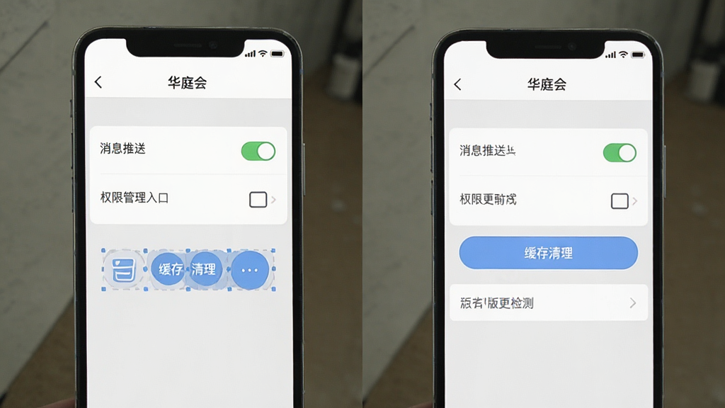 一张手机屏幕截图风格的示意图,展示“华庭会”应用的设置页面,页面中包含消息推送开关、权限管理入口、缓存清理按钮、版本更新检测等选项,界面布局清晰,风格为简洁明快的移动端UI设计,色调以白色和浅灰色为主,细节干净,无多余元素,适合作为使用教程配图