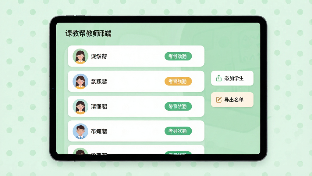 一张展示课教帮教师端班级管理功能的图片,画面主体为一块平板电脑屏幕,屏幕中央显示着班级学生名单列表,每行有学生头像、姓名和考勤状态标签,画面右侧有添加学生和导出名单的按钮,风格为清爽的教育应用界面,细节包括浅绿色背景、白色卡片、圆角图标,画质清晰,干净整洁,无多余元素