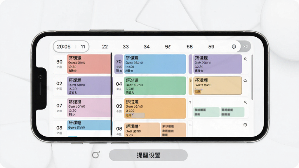 一张展示课教帮教师端课程表功能的图片,画面中央是一部手机,屏幕上显示着一周课程表,不同课程用不同颜色标注,顶部有日期切换栏,底部有提醒设置按钮,风格为现代简约的移动应用界面,细节包括清晰的课程名称、时间标注、彩色标签,画质高清,画面干净,无多余元素
