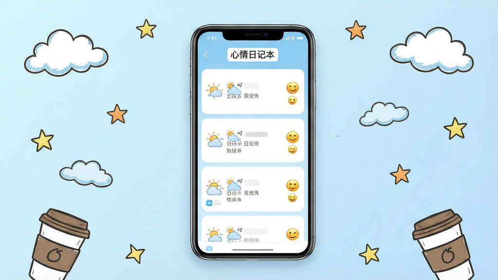 一张展示心情日记本手机应用主界面的图片,画面中央是一部现代智能手机,屏幕显示心情日记本App的日记列表页面,页面顶部有“心情日记本”文字标识,日记条目带有天气图标和心情表情,背景为柔和的浅蓝色渐变,周围散落着手绘风格的云朵、星星和咖啡杯装饰,布局居中对称,风格清新简约,细节清晰,画质高清,干净,无多余元素