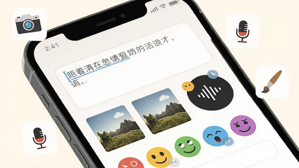 一部手机屏幕特写,展示心情日记本App的编辑界面,画面中有文字输入框、图片缩略图、语音波形图标和一组彩色心情表情按钮,界面设计简洁,背景为温暖的米白色,手机周围漂浮着相机、麦克风、画笔的小图标,布局紧凑合理,风格现代扁平化,细节精致,画质清晰,干净,无多余元素