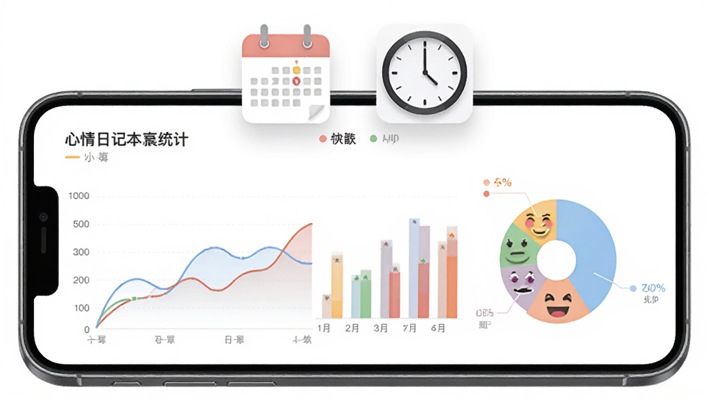 一部手机屏幕展示心情日记本App的心情统计页面,画面中有折线图、柱状图和心情表情分布饼图,图表颜色柔和,背景为白色,手机上方漂浮着日历和时钟图标,布局清晰,风格数据可视化,细节准确,画质高清,干净,无多余元素