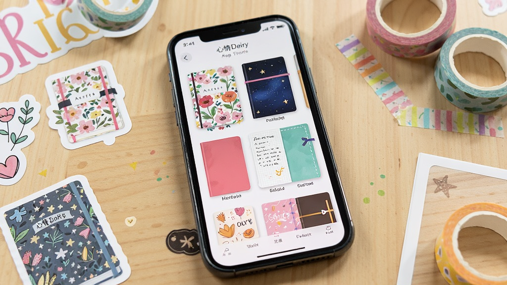 一部手机平放在桌面上,屏幕显示心情日记本App的主题商店界面,画面中有多款不同风格的日记本封面缩略图,如碎花、星空、纯色、手账风等,手机周围散落着贴纸和彩色胶带,布局错落有致,风格活泼清新,细节丰富,画质高清,干净,无多余元素