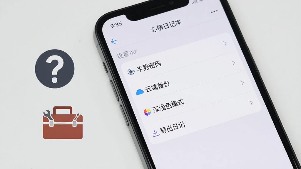一部手机屏幕显示心情日记本App的设置菜单界面,画面中有“手势密码”“云端备份”“深浅色模式”“导出日记”等选项,背景为浅灰色,手机旁边有一个问号和工具箱图标,象征帮助与设置,布局清晰,风格实用,细节准确,画质高清,干净,无多余元素