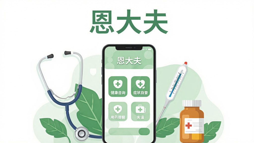 画面中央放置一部智能手机,手机屏幕上显示恩大夫软件的主界面,界面以白色和浅绿色为主色调,包含健康咨询、症状自查、用药提醒等图标按钮。手机周围环绕听诊器、体温计、药瓶、绿叶等医疗健康元素。整体布局为居中构图,上方留白处写有“恩大夫”三个中文字。风格为扁平化插画风,细节干净简洁,色调清新柔和,画质高清,无多余杂乱元素
