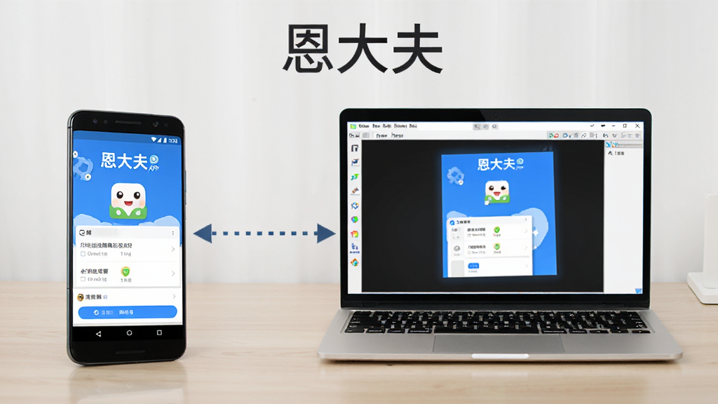 一部安卓手机和一台笔记本电脑并排摆放,手机屏幕显示恩大夫APP界面,电脑屏幕显示安卓模拟器中运行的恩大夫界面。两者之间用虚线箭头连接,表示数据同步。背景为浅色桌面,上方写有“恩大夫”文字。整体风格为科技简约风,画质清晰,构图干净,无多余元素