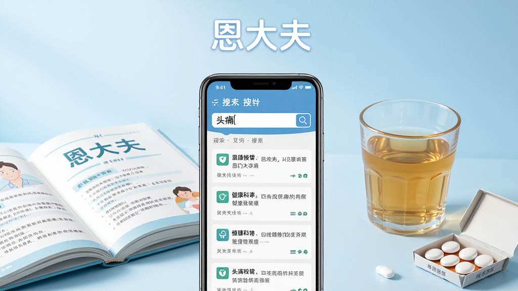 画面中央为一部手机,屏幕显示恩大夫软件的搜索界面,搜索框中写有“头痛”字样,下方列出多条健康科普结果。手机左侧放置一本打开的健康手册,右侧放着一杯温水和一盒药片。背景为浅蓝色渐变,整体风格清新简约,上方写有“恩大夫”文字标识。画质清晰,构图干净,无多余装饰元素