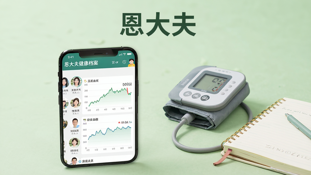 手机屏幕展示恩大夫健康档案界面,页面上有家庭成员头像列表和血压、血糖的折线图表。手机旁边放着一个电子血压计和一个笔记本。背景为淡绿色,整体风格清新自然,上方写有“恩大夫”文字。画质高清,画面干净整洁,无多余元素