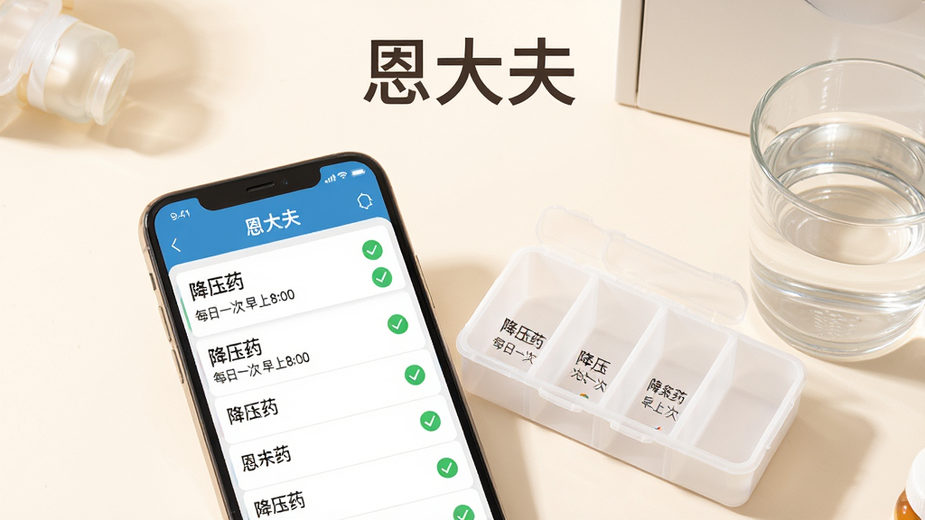 手机屏幕展示恩大夫用药提醒界面,列表中显示“降压药 每日一次 早上8:00”等条目,旁边有绿色勾选标记。手机旁边放着一个分格药盒和一杯水。背景为暖白色,整体风格温馨简洁,上方写有“恩大夫”字样。画质高清,画面干净,无多余元素