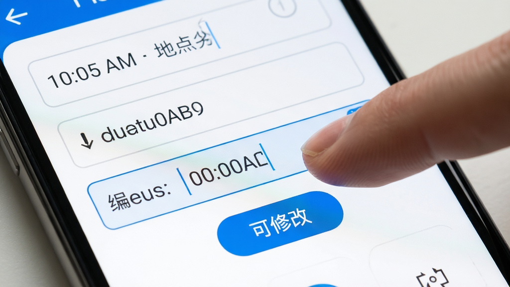 速改水印相机水印编辑界面特写,手机屏幕展示可编辑的水印字段,包含时间、地点、编号输入框,手指正在点击修改时间选项,界面配色为白色与蓝色搭配,布局为上下结构,风格简洁实用,细节展示