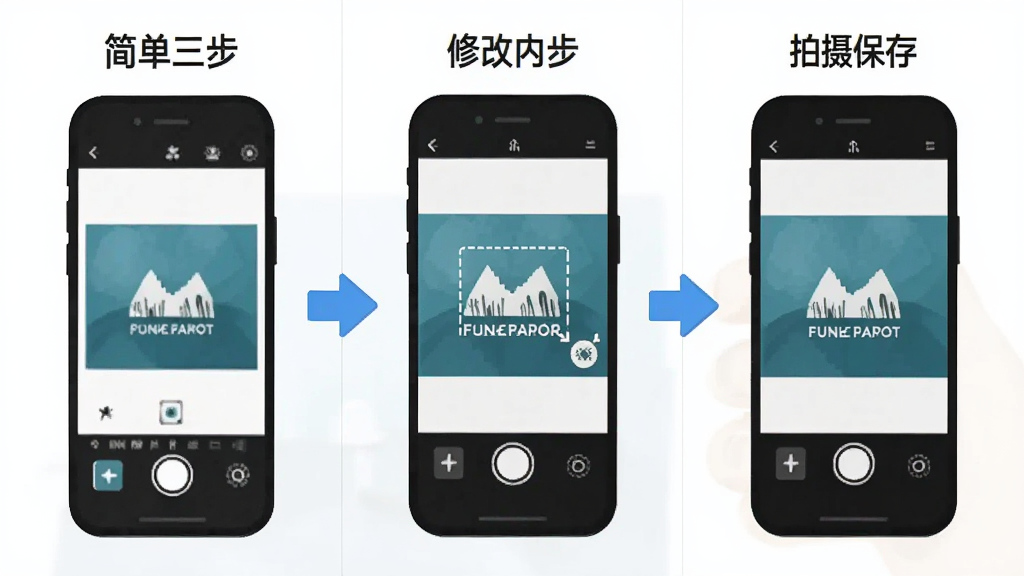 速改水印相机操作步骤示意图,画面分为三个步骤展示,第一步打开应用选择模板,第二步修改水印内容,第三步拍摄保存,布局为横向三栏排列,风格扁平化设计,细节包含箭头指示和