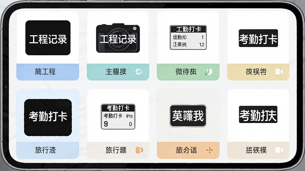 速改水印相机模板选择界面,手机屏幕展示多个水印模板缩略图,包含工程、考勤、微商、旅行等分类标签,界面采用卡片式布局,配色清新,风格简约,细节展示模板名称