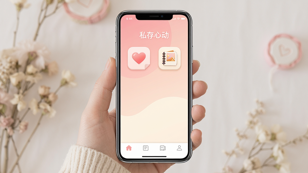 一张温馨的手机应用界面展示图,画面中央是