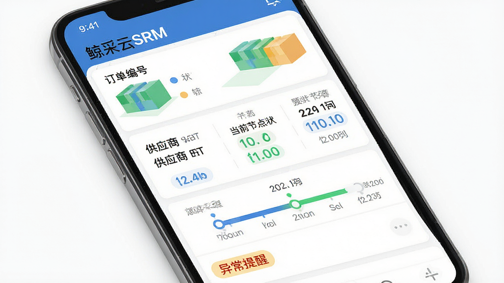 一张展示采购订单进度追踪的手机界面图,画面为竖屏手机屏幕,屏幕内显示订单列表与进度条,顶部标注鲸采云SRM,中部为订单编号、供应商名称、当前节点状态与预计到货时间,底部为异常提醒标签,风格为清爽移动端UI,细节包含状态色块与时间轴元素,背景为白色,画质高清,干净,无多余元素