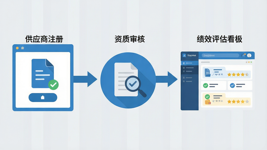 一张表现供应商管理流程的商务插画,画面左侧为供应商注册入口,中部为资质审核节点,右侧为分级分类与绩效评估看板,整体采用横向流程图布局,风格为简洁商务信息图,细节包含文件图标、勾选标记、星级评分元素,主色调为蓝色与浅灰,画质高清,干净,无多余元素