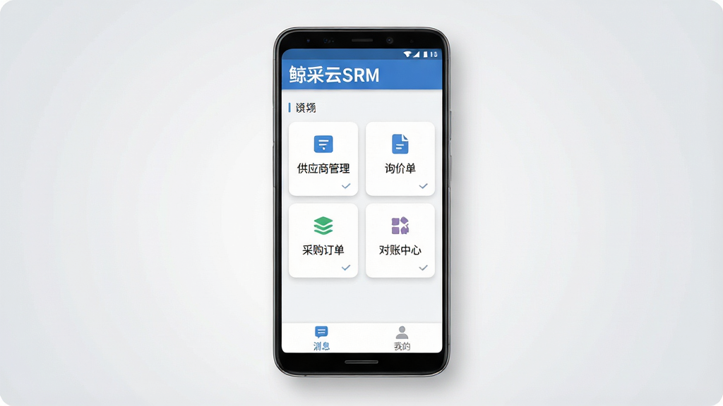 一张展示鲸采云SRM软件核心界面的手机样机图,画面中央是一部竖屏安卓手机,屏幕内呈现采购工作台首页,顶部显示鲸采云SRM字样,中部排列供应商管理、询价单、采购订单、对账中心四个功能卡片,底部为消息与我的页面入口,整体布局简洁清晰,风格为现代商务扁平化,细节包含柔和阴影与圆角卡片,背景为浅灰渐变,画质高清,干净,无多余元素