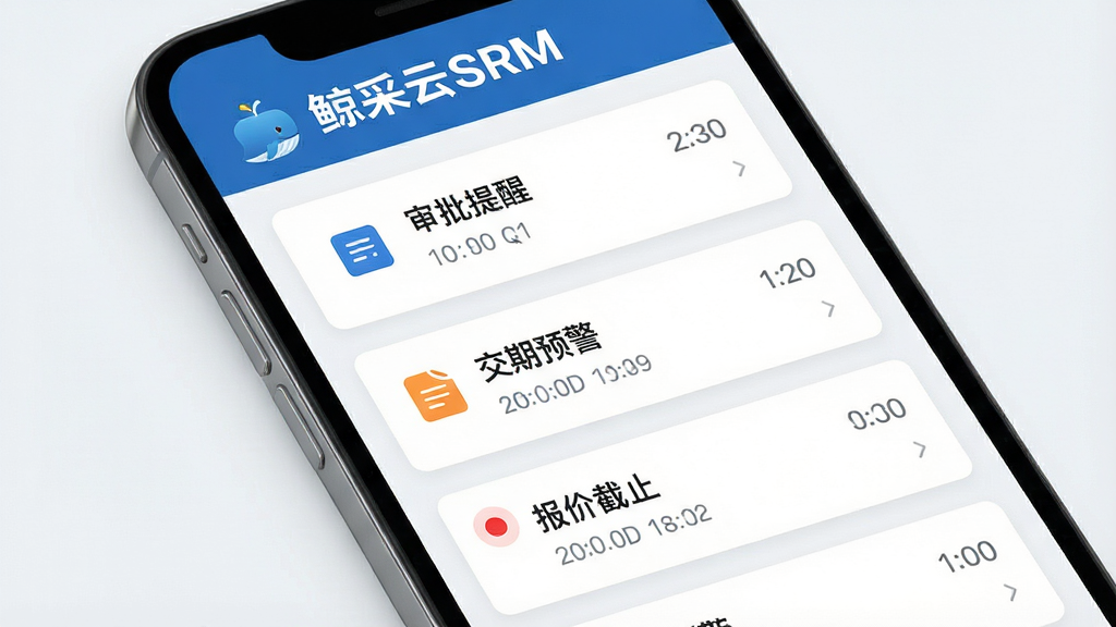 一张表现消息通知与异常预警的移动端界面图,画面为手机屏幕特写,屏幕内显示通知列表,顶部为鲸采云SRM标识,中部排列审批提醒、交期预警、报价截止三类消息卡片,卡片带有红色圆点与时间戳,风格为现代简洁UI,细节包含图标与分隔线,背景为浅色,画质高清,干净,无多余元素