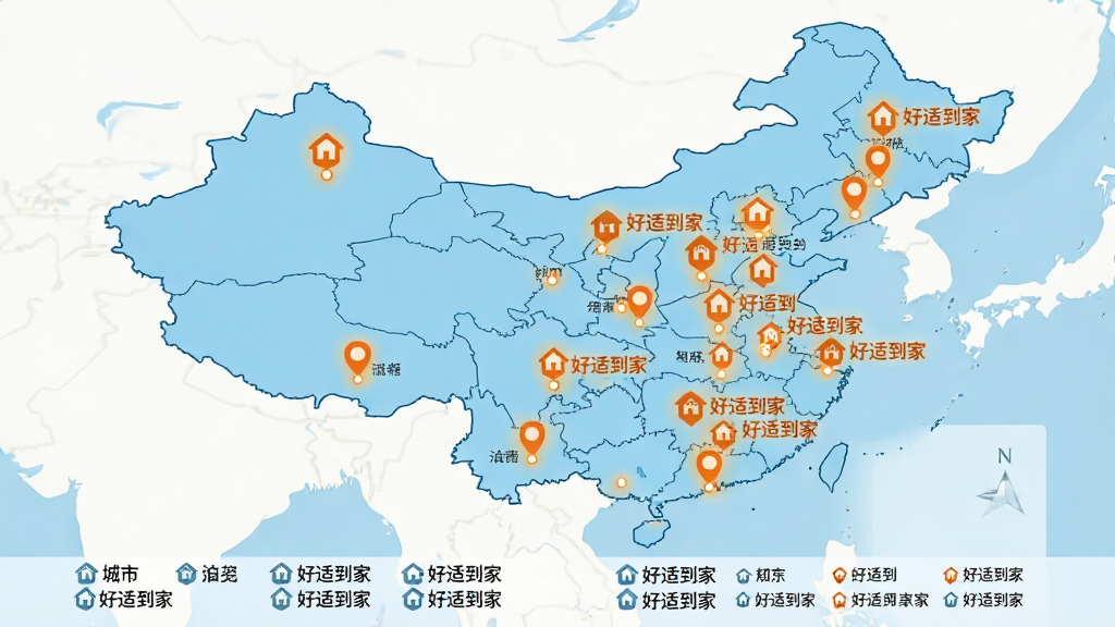 一张地图风格的信息图,画面以中国地图轮廓为背景,上面标注多个城市点位,每个点位旁有“好适到家”服务标识。地图下方有城市列表。整体风格简洁商务,配色以浅蓝和橙色为主,布局清晰,画质干净,无多余元素。