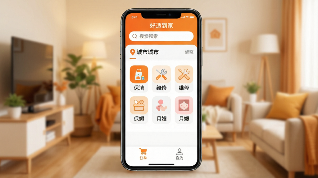 一张手机应用界面展示图,画面中央是一部现代智能手机,屏幕显示“好适到家”APP首页,页面顶部有搜索框和城市定位,中部排列着保洁、维修、保姆、月嫂等服务分类图标,底部有订单和我的页面入口。背景为温馨的家居环境虚化处理,色调以橙色和白色为主,整体风格干净明亮,细节清晰,画质高清,无多余元素。