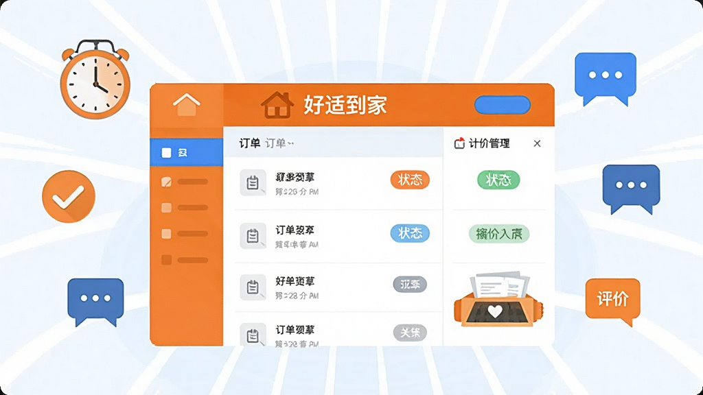 一张扁平化插画风格的图片,画面中央是“好适到家”订单管理界面示意图,显示订单列表、状态标签和评价入口。周围环绕着时钟、对勾、对话框等小图标,象征订单跟踪与沟通。配色以橙色和蓝色为主,布局清晰,风格干净,画质高清。
