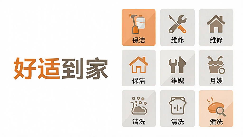 一张信息图风格的海报,画面左侧是“好适到家”文字标识,右侧以网格形式排列多个服务图标,分别代表保洁、维修、月嫂、清洗等,每个图标下方有小字说明。整体布局整齐,采用扁平化设计,配色以橙色、浅灰和白色为主,风格简洁现代,画质清晰,背景干净无杂乱元素。
